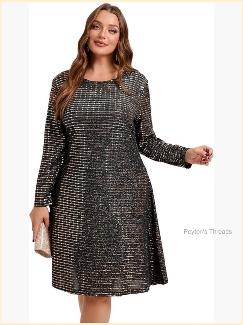 Plus Size Sparkly Glitter Swing Dress Long Sleeve Scoop Neck Midi Formal Dress